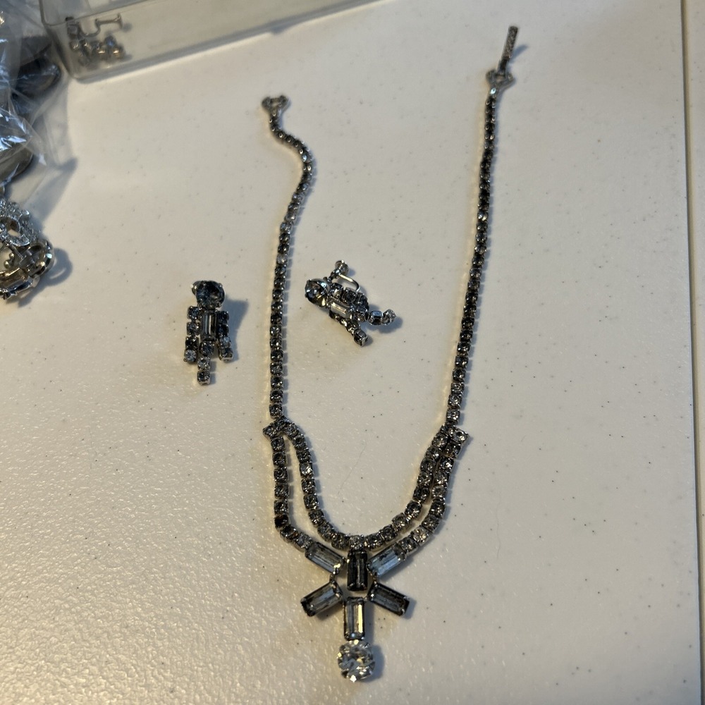 Rhinestone Vintage Chocker Necklace Double With Matching Earrings 50's
